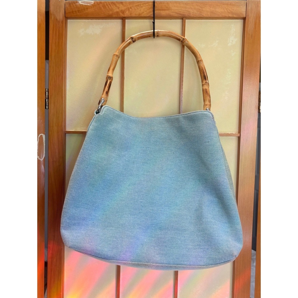 Liz Claiborne Denim Hobo Bag Bamboo Handle Light Wash Blue Vintage Boho